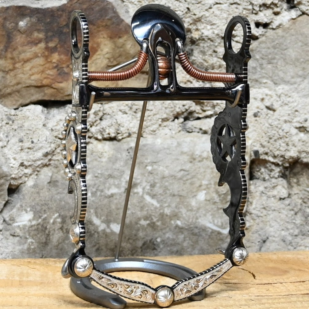 JT Silversmiths black spade bit with copper wire braces, black bar, bead details and star motif