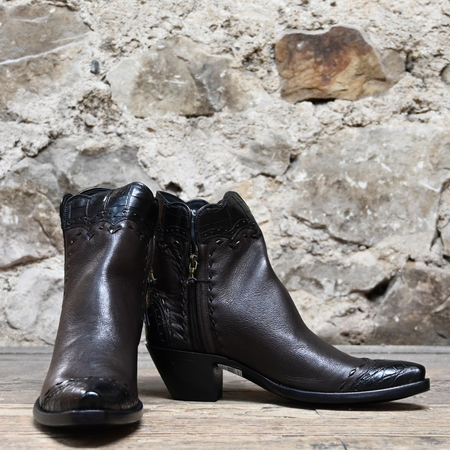 View of Stallion Ladies Zorro zip boot in espresso calf with black alligator wingtip and small square toe
