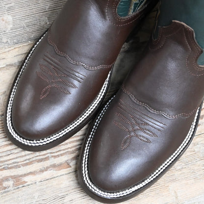 View of Hondo 16&quot; cowboy boot with forest green top, brown retan vamp, pull holes, and double welt stitch