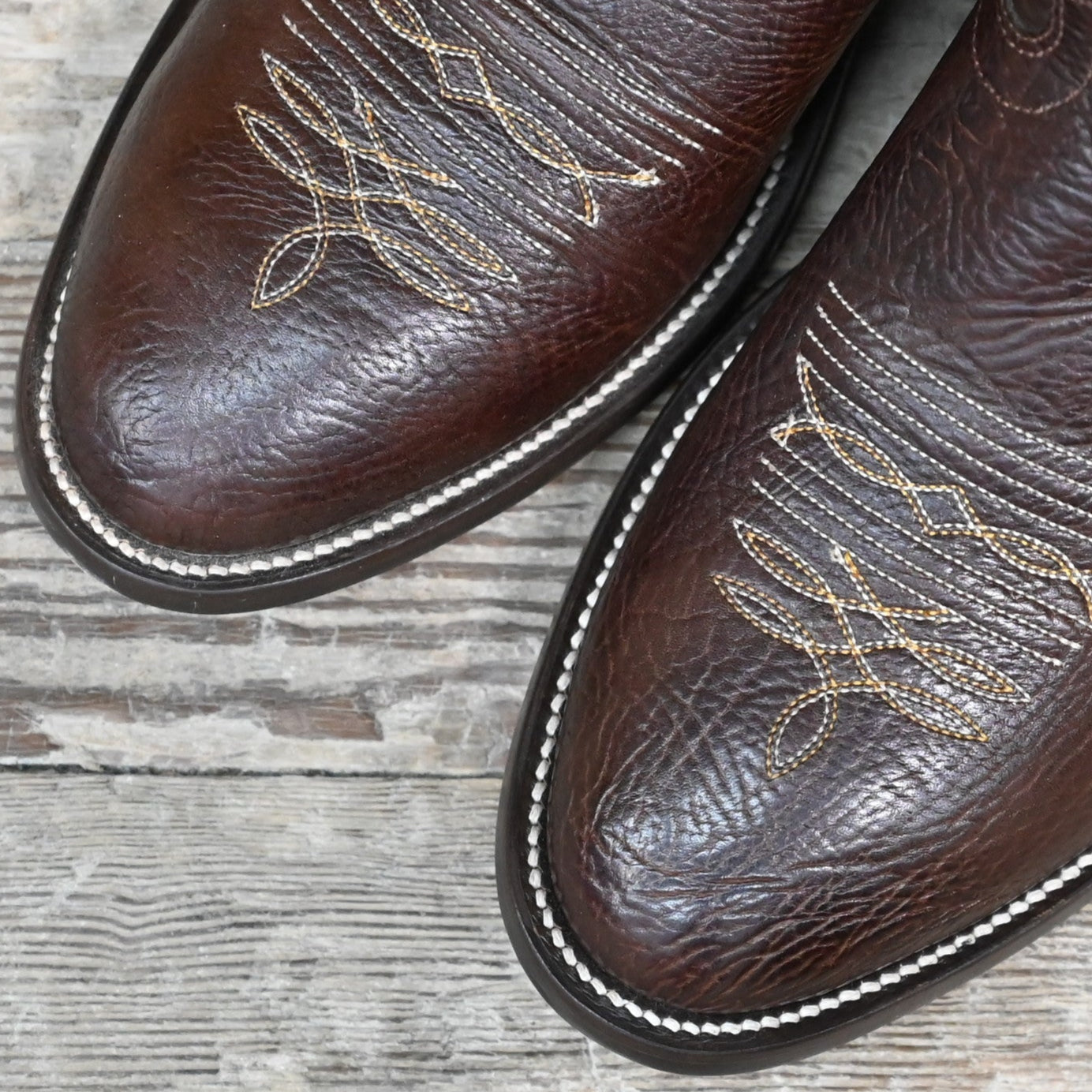 View of Hondo 11&quot; cowboy boot with brown cowhide vamp, brown top, and medium round toe