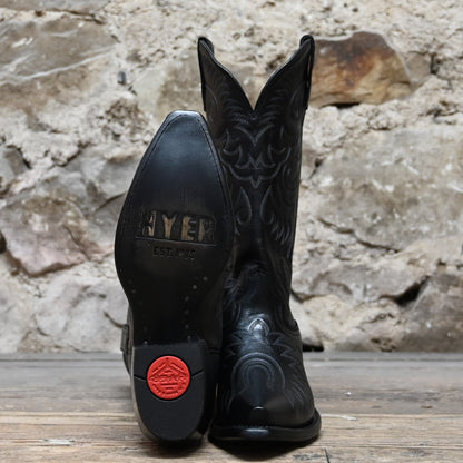 View of Hyer ROAD TO ARIZONA 13&quot; boots showcasing black Ranch Hand cowhide vamp and upper with full boot embroidery, fashion snip toe, and leather stacked heel