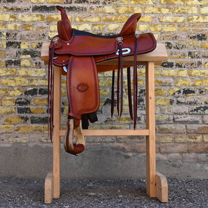 View of Billy Cook 16&quot; Russet Trail Saddle with large camouflage border tooling
