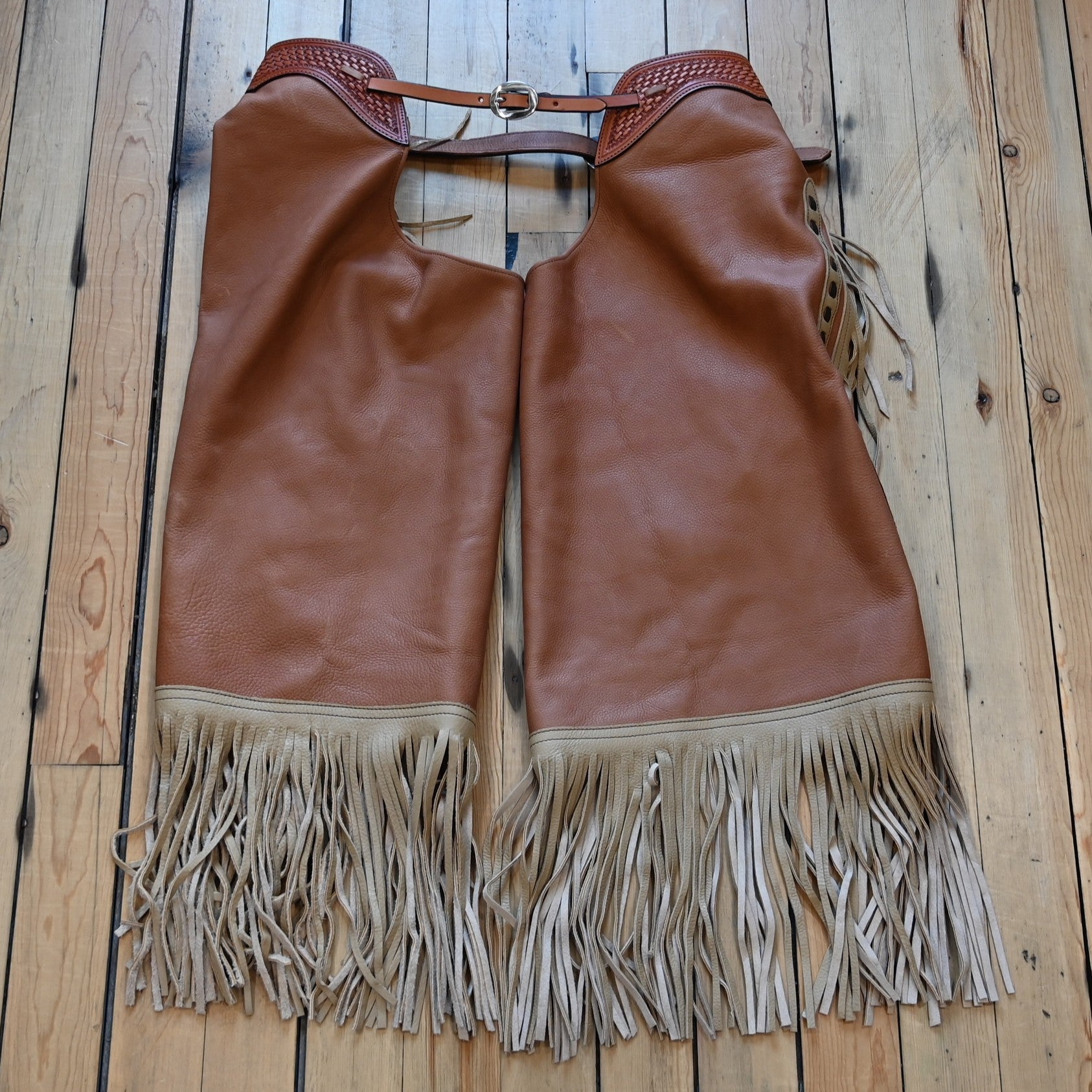 View of K Bar J Square Bottom Chinks with Fringe in Size Large