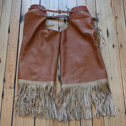 View of K Bar J Square Bottom Chinks with Fringe in Size Large