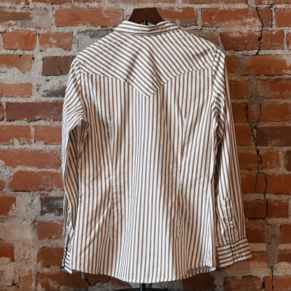 Wrangler Ladies All Occasion Western Snap Shirt in rust stripes with pearl snaps and chest pockets