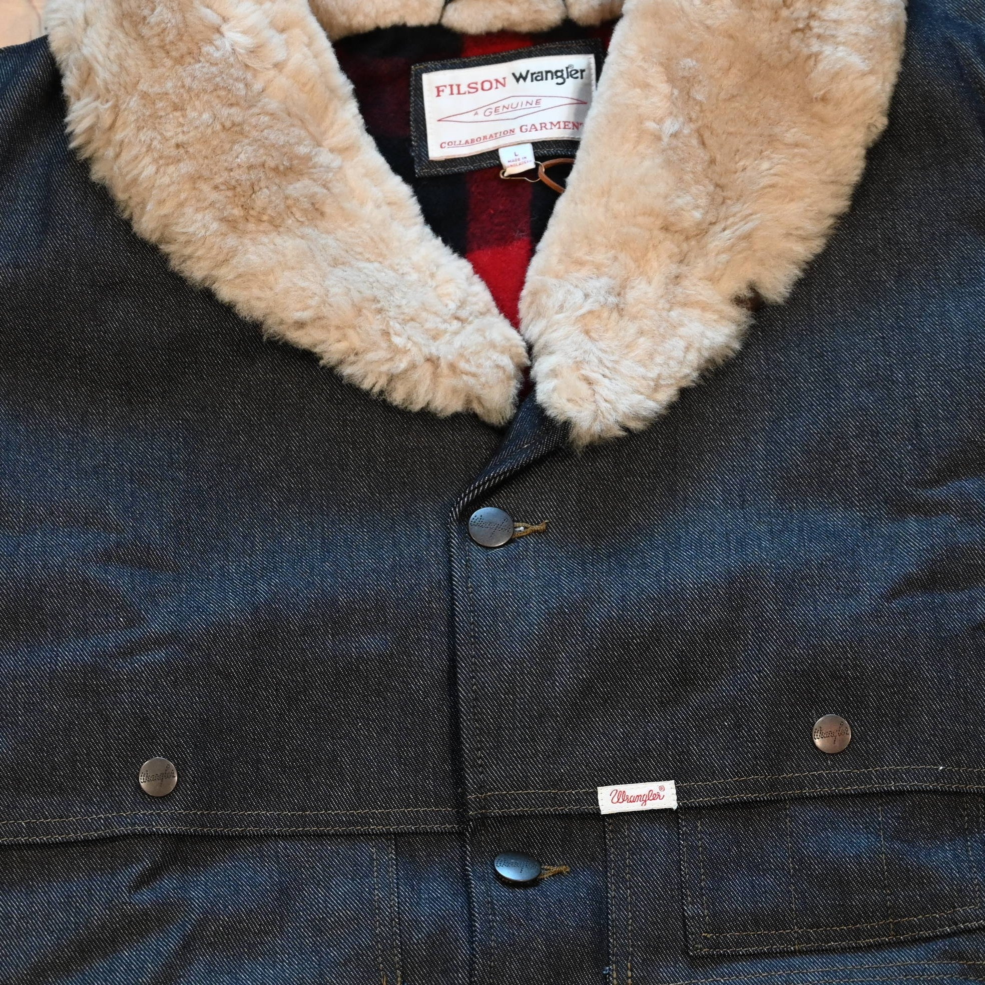 Filson × Wrangler Indigo Packer Jacket: denim outer, wool lining, shearling shawl collar