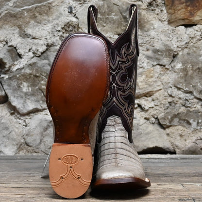 Hondo 13 inch cowboy boot with smoke caiman crocodile belly vamp and burgundy leather shaft