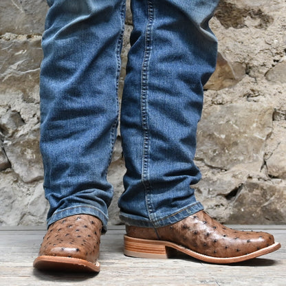 View of Hyer JETMORE 13&quot; boots showcasing tabac full-quill waxy ostrich vamp and blue vintage goat upper with broad square toe and Stockman block heel