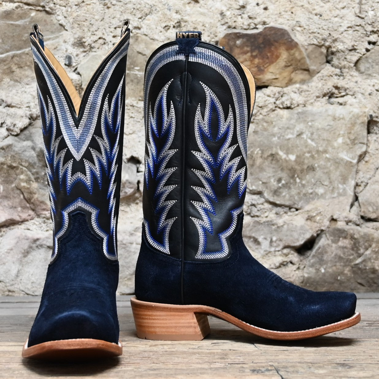 View of Hyer CULVER 13&quot; boots showcasing Dark Navy roughout leather vamp and Black Top-Shelf cowhide top with Cutter toe and underslung heel