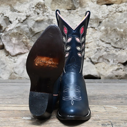 View of Macie Bean 10″ boot with navy glazed cowhide, berry inlays, almond toe, and cowgirl heel