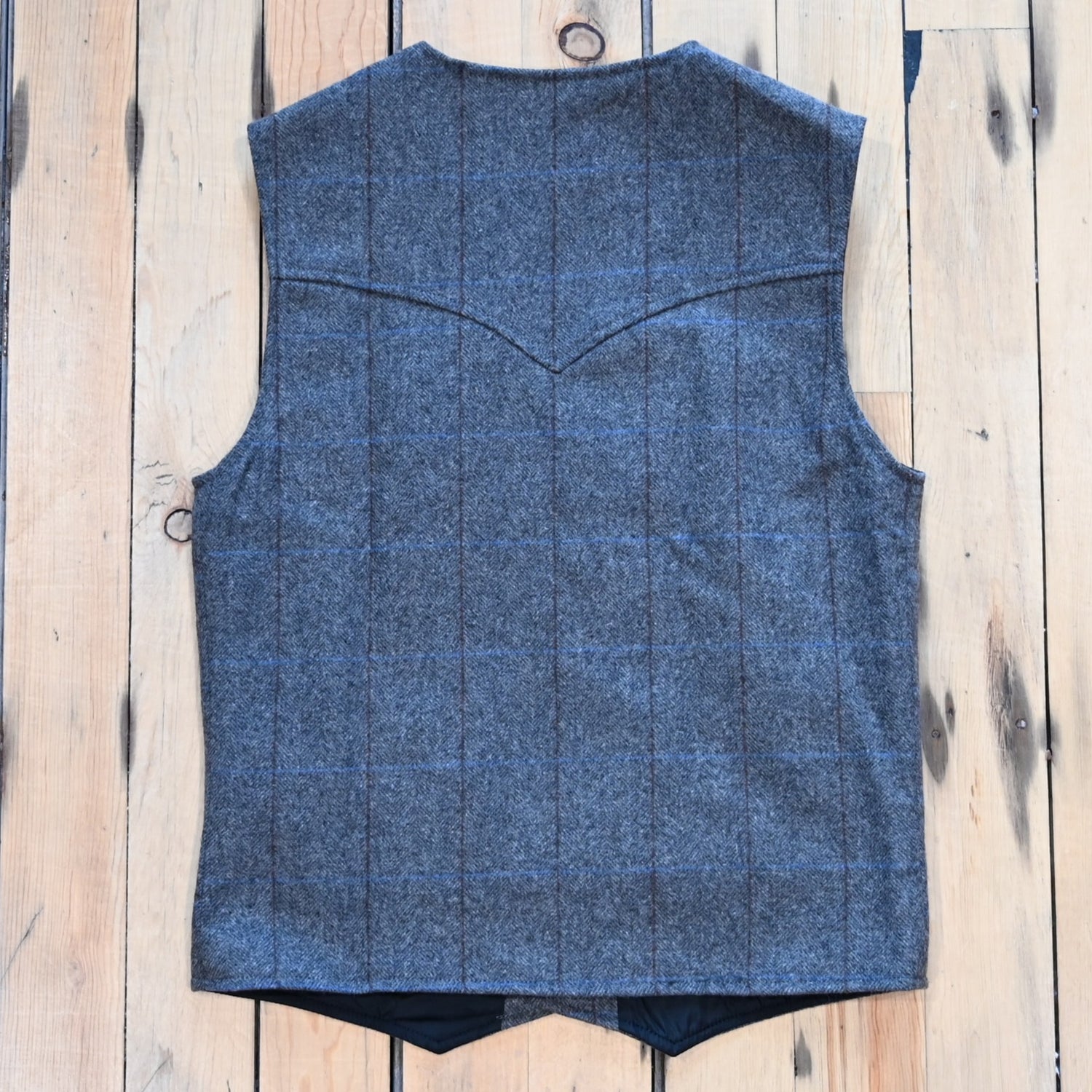 Schaefer McAllin wool vest in heather gray windowpane pattern with snap front