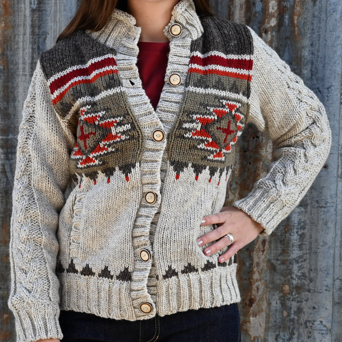 Brush Creek ladies wool cardigan sweater in light natural with button-up front