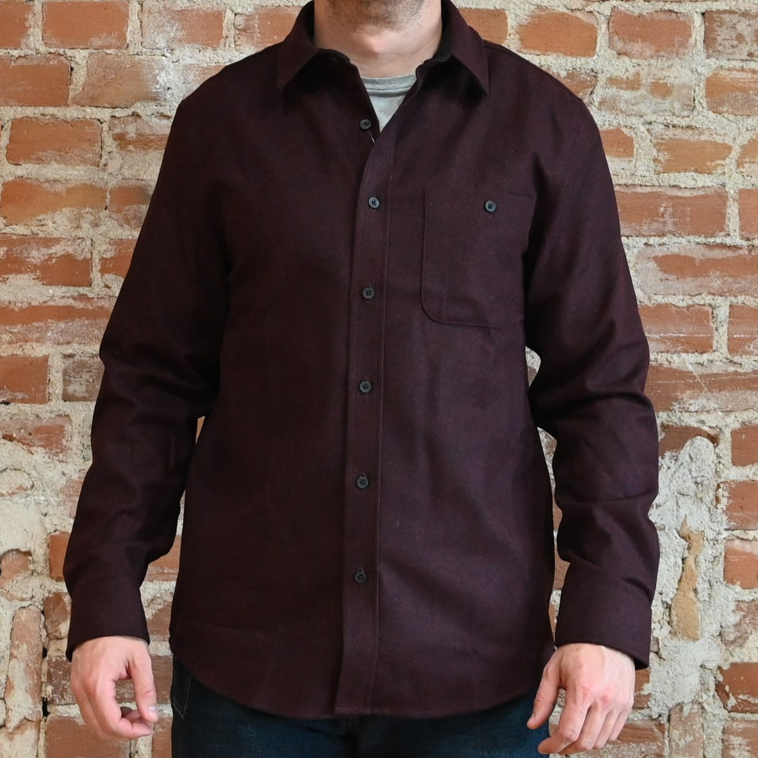 View of Pendleton men’s Trail Shirt in Burgundy Mix with chest pocket and elbow patches