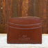 View of Lucchese sienna brown leather credit card case with sleek flat design and embossed logo