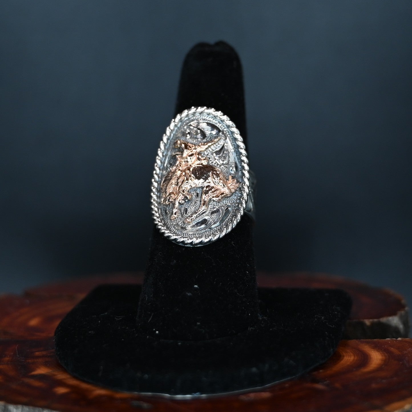Vogt Silversmiths Turn ’Em Loose sterling silver ring with hand-twisted rope edge and 3D bronc centerpiece