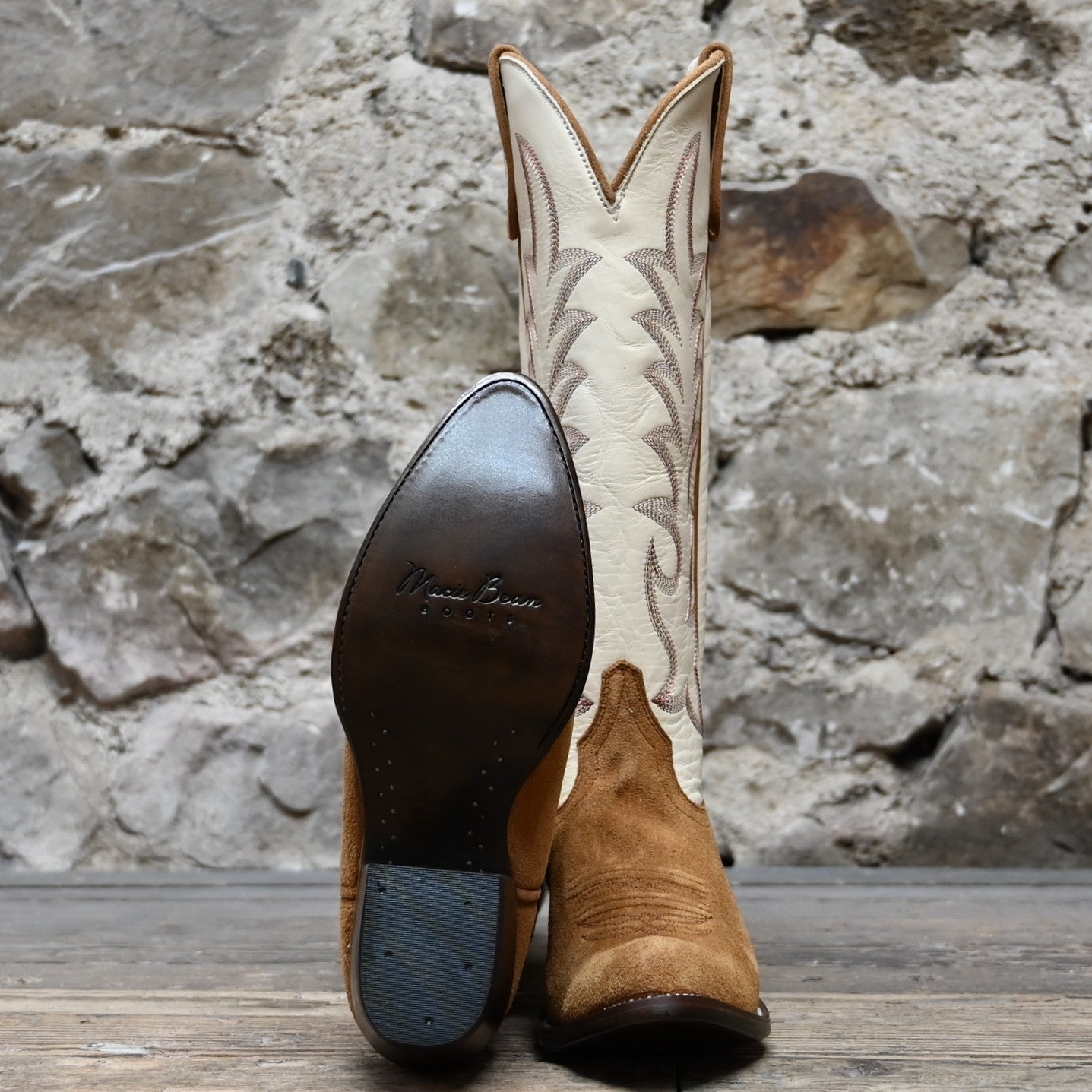 View of Macie Bean 15&quot; brown suede boot with vanilla Hotshot top, almond toe, and cowgirl heel