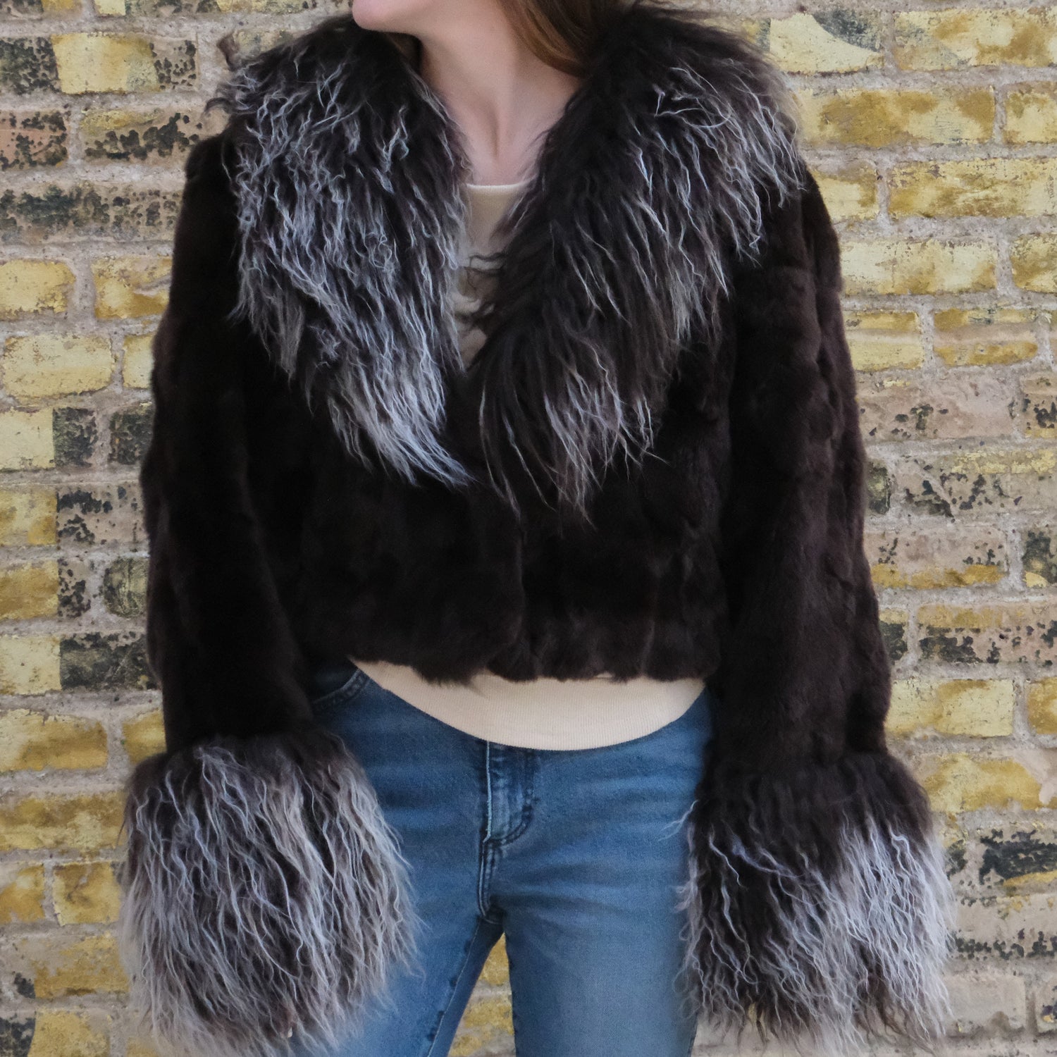 Morris Kaye chocolate rabbit fur jacket with fox trim at collar and cuffs
