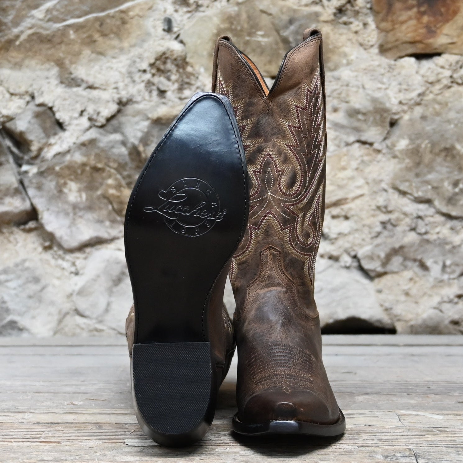 Lucchese men’s 13-inch goat leather western boot in chocolate madras finish with toe medallion