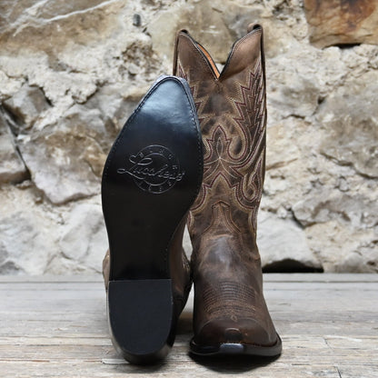 Lucchese men’s 13-inch goat leather western boot in chocolate madras finish with toe medallion