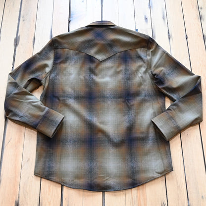 View of Pendleton men’s Canyon shirt in olive and brown ombré wool with snap front and Western yokes