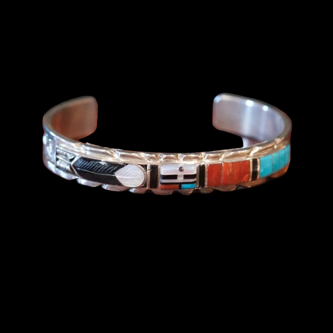 Ahmed Multi Stone Inlay Feather Sterling Silver Cuff Bracelet