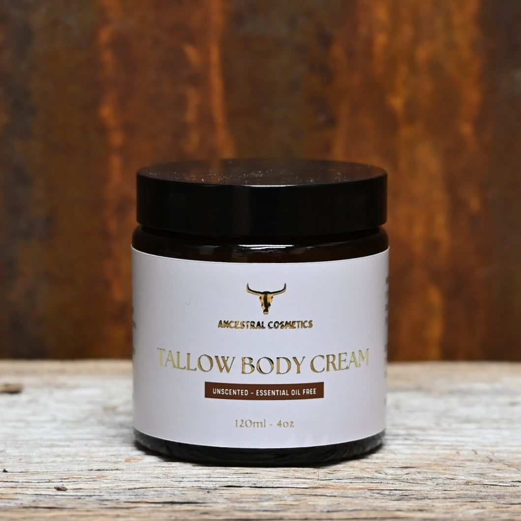 Ancestral Cosmetics Unscented Tallow Body Cream in jar, fragrance-free tallow moisturizer for sensitive skin