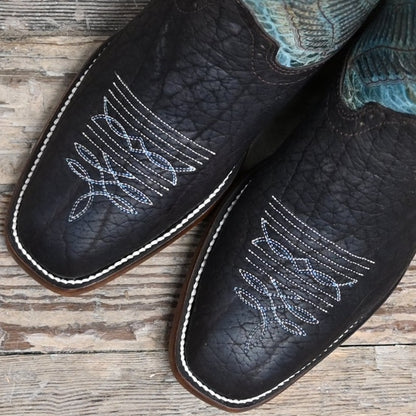 View of Hondo 12&quot; cowboy boot with turquoise crater top, oiled bullhide vamp, narrow square toe, and spur ledge