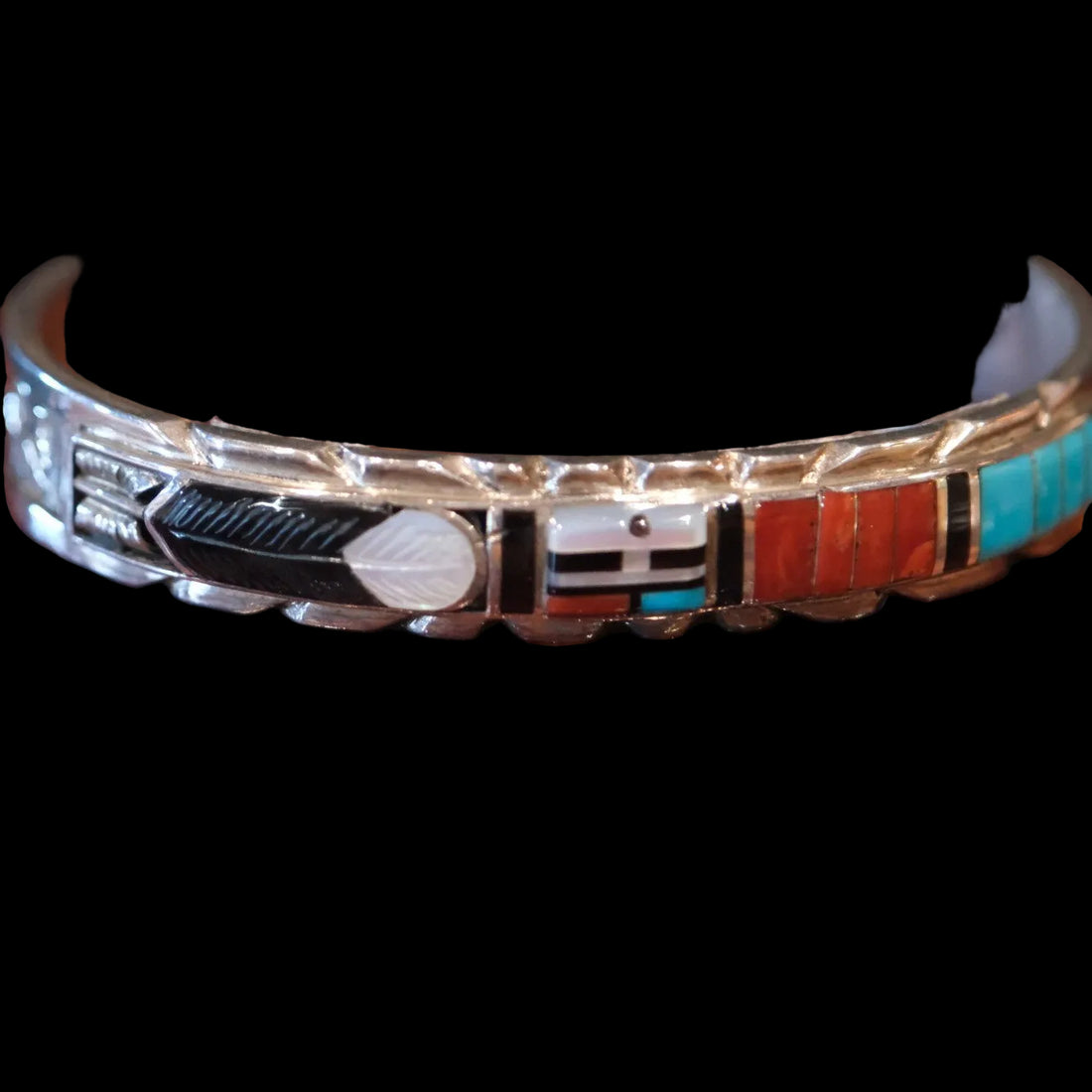 Ahmed Multi Stone Inlay Feather Sterling Silver Cuff Bracelet
