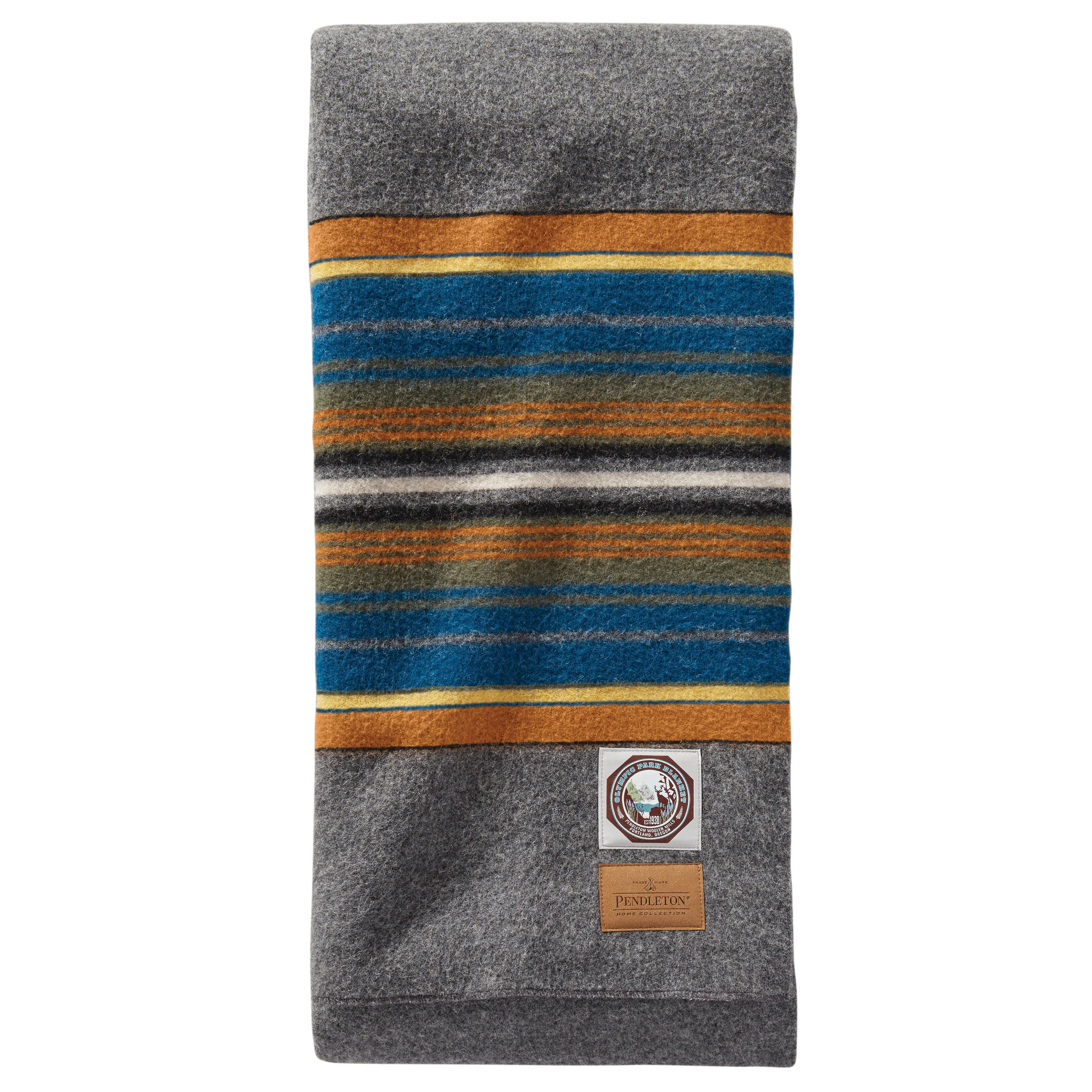 View of Pendleton Olympic Grey National Park Blanket (full size) with heather tones and park stripes