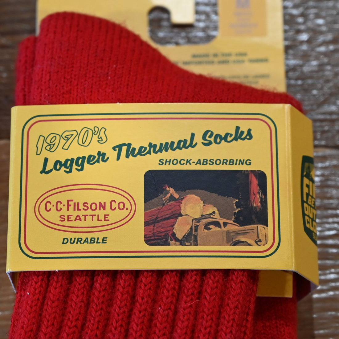 Filson 1970s Logger thermal socks in scarlet red, thick wool knit with ribbing