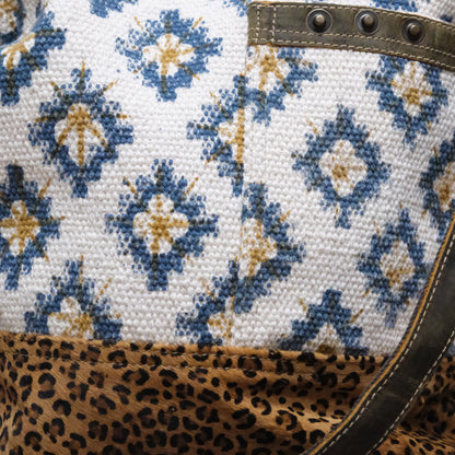 Myra Blue Sapphire printed canvas shoulder bag with leather trim and zipper closure