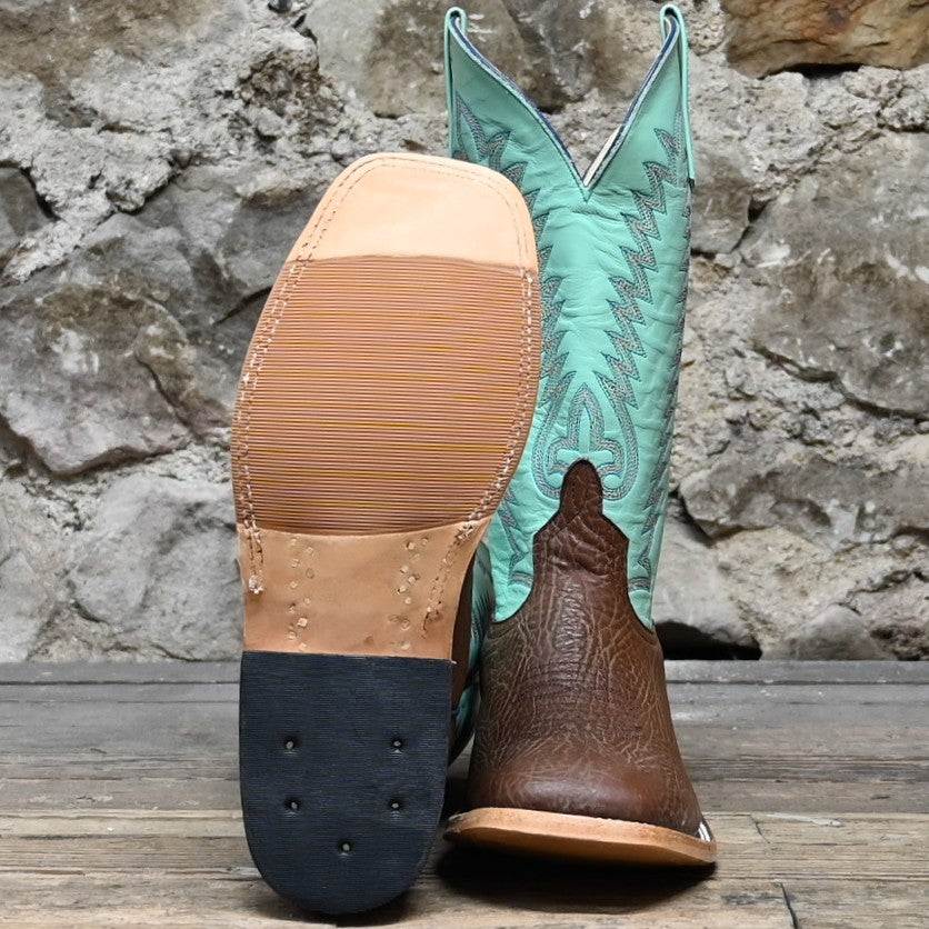 View of Anderson Bean 13&quot; roper boot with teal top, brown vamp, square toe, and pull straps