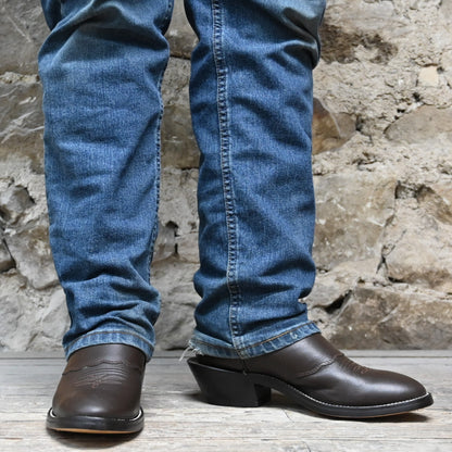 View of Hondo 16&quot; cowboy boot with forest green retan-lined top, brown retan vamp, medium round toe, and spur ledge