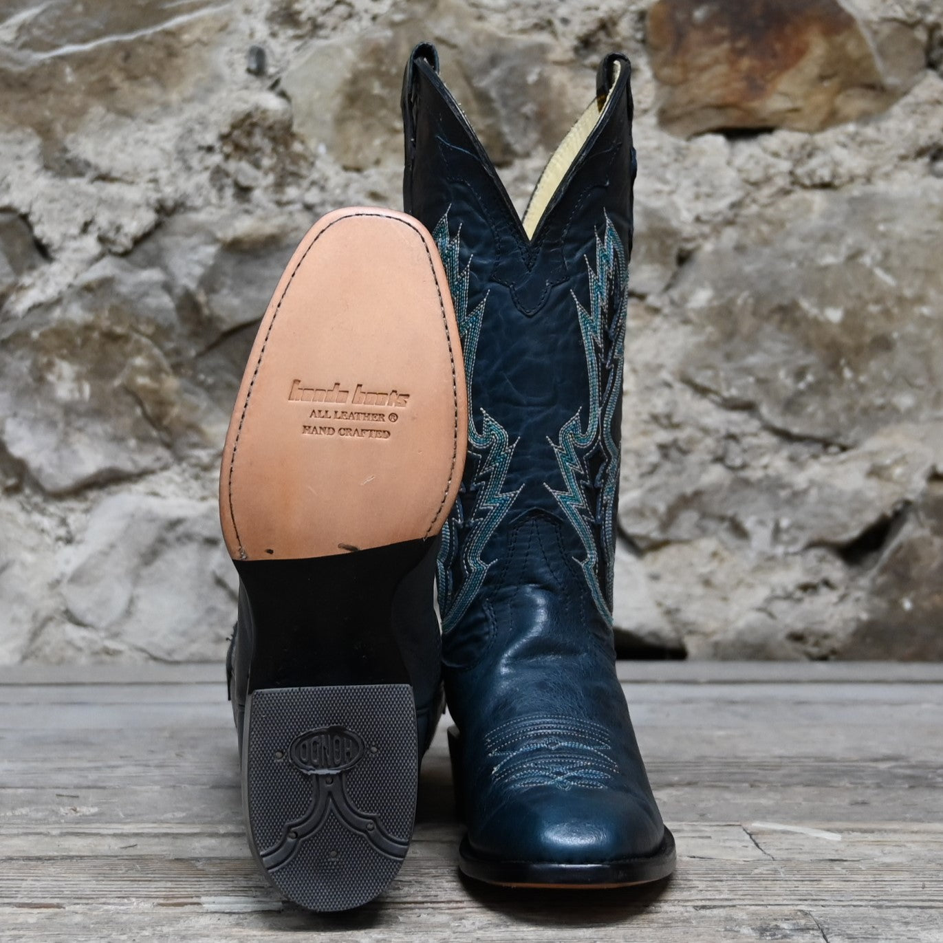 View of Hondo 13&quot; cowboy boot in blue cowhide with tight French square toe and spur ledge