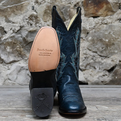 View of Hondo 13&quot; cowboy boot in blue cowhide with tight French square toe and spur ledge