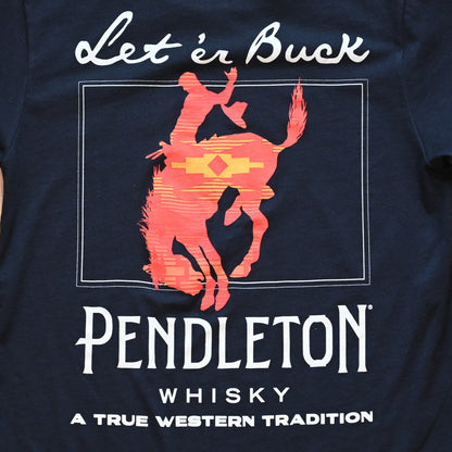Pendleton black Let’er Buck Whisky T-Shirt with red bucking horse front graphic and Pendleton bucking horse back design
