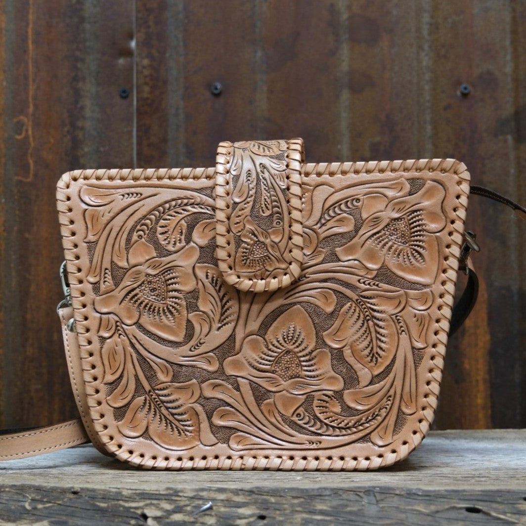 Que Chula natural tooled leather crossbody purse with floral carving and buckstitch edging