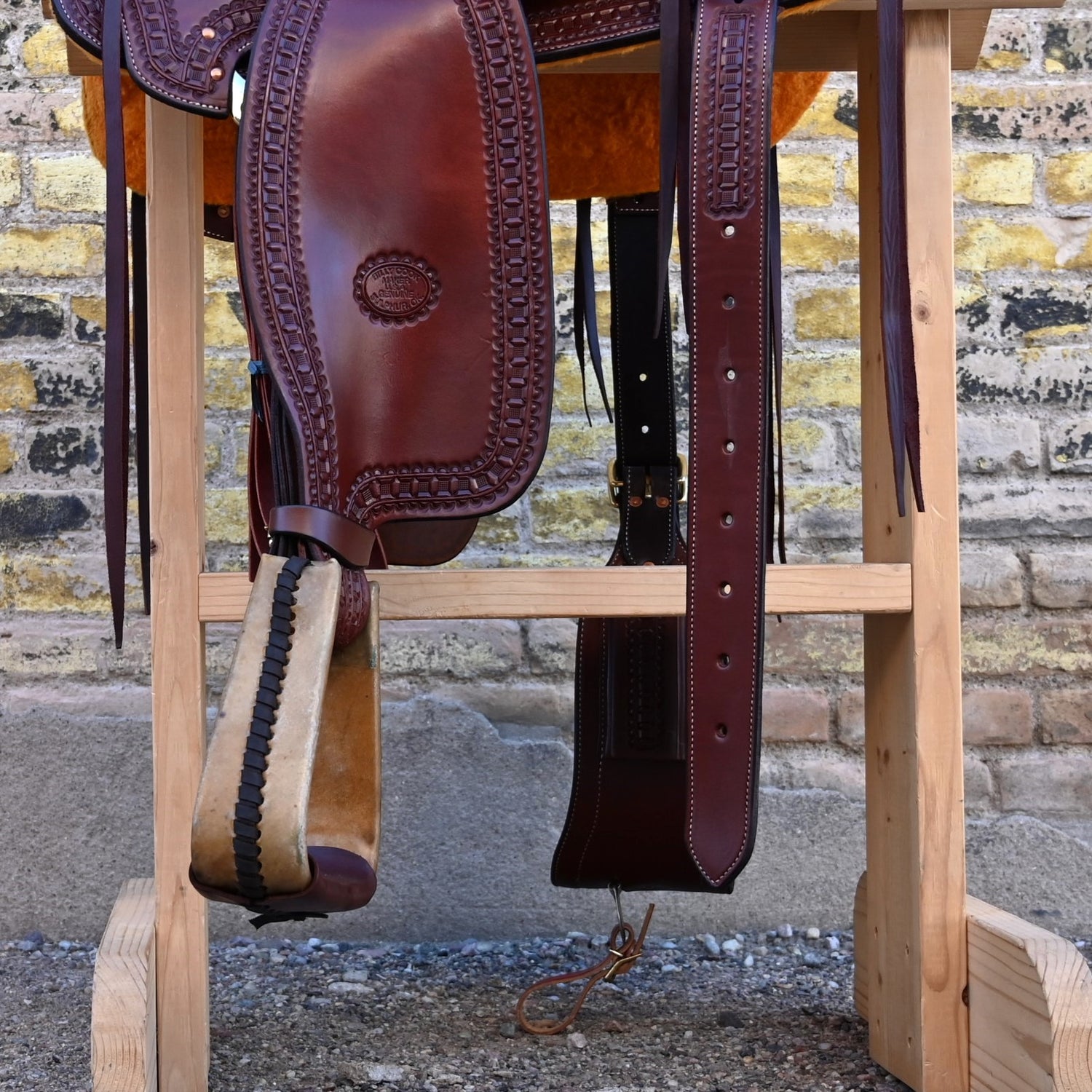 View of Billy Cook 15½&quot; Arbuckle Wade Saddle with waffle border tooling and 7/8 in-skirt rigging