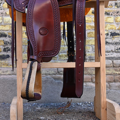 View of Billy Cook 15½&quot; Arbuckle Wade Saddle with waffle border tooling and 7/8 in-skirt rigging