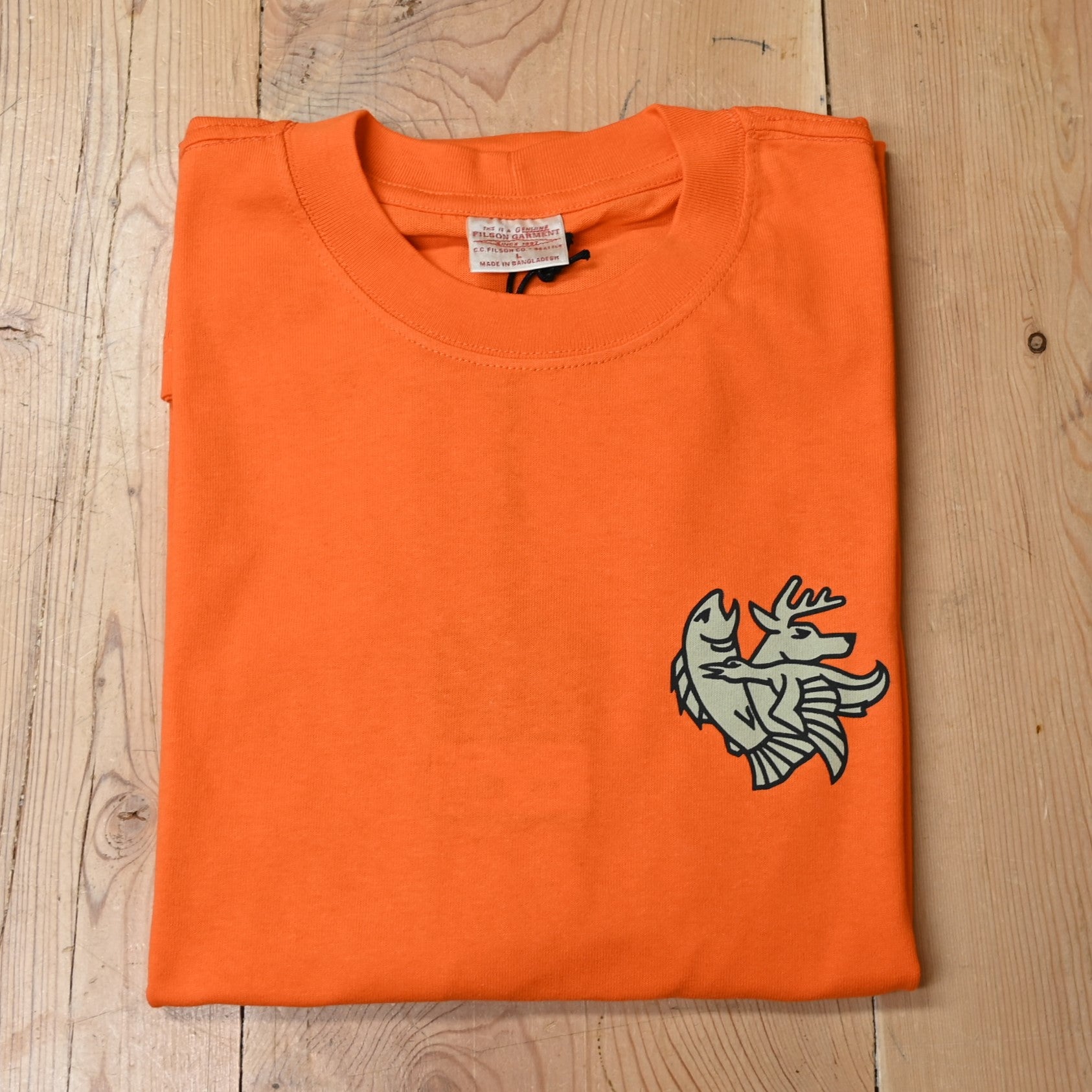 View of Filson S/S Frontier Graphic T in Flame Deco, featuring custom flame graphics and a durable rib-knit collar