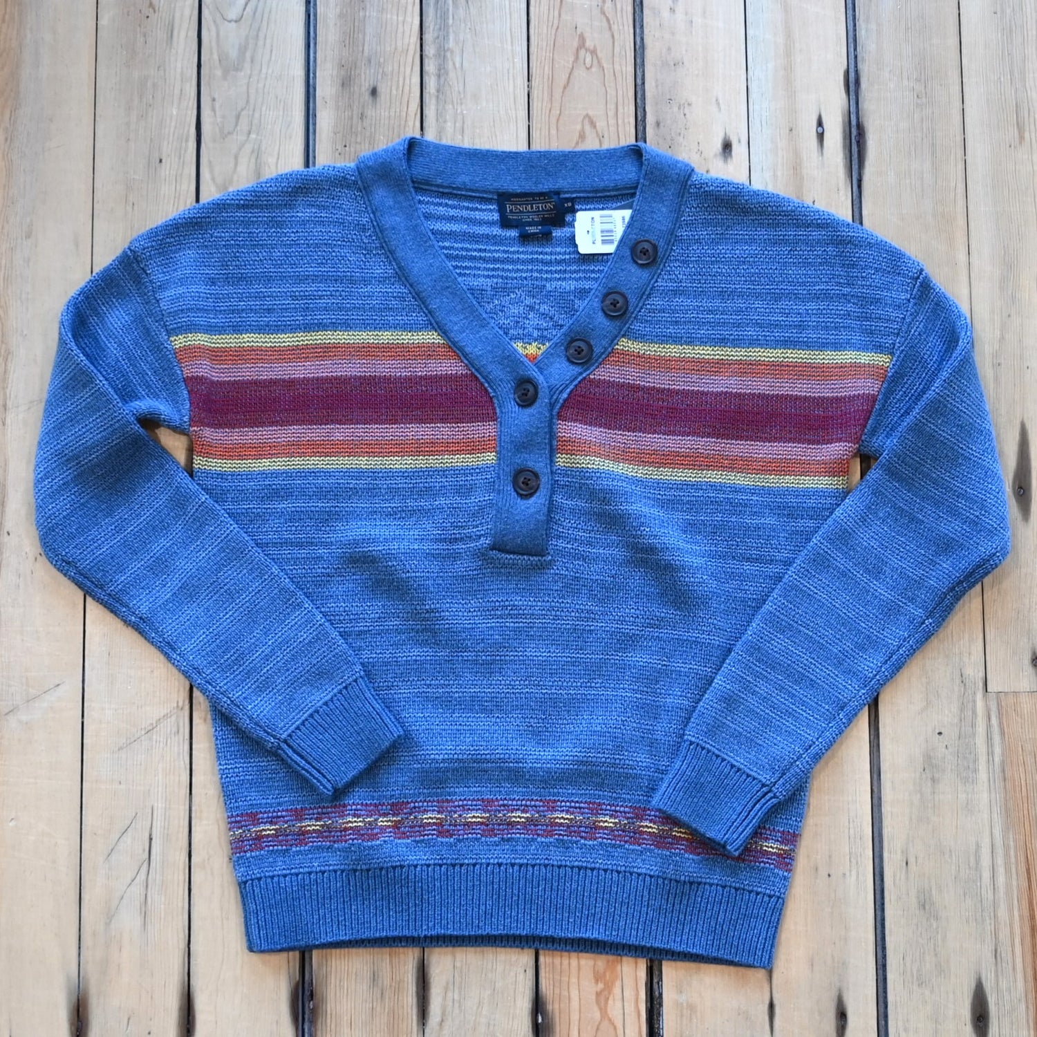 View of Pendleton ladies V-neck cotton sweater in blue multi stripe