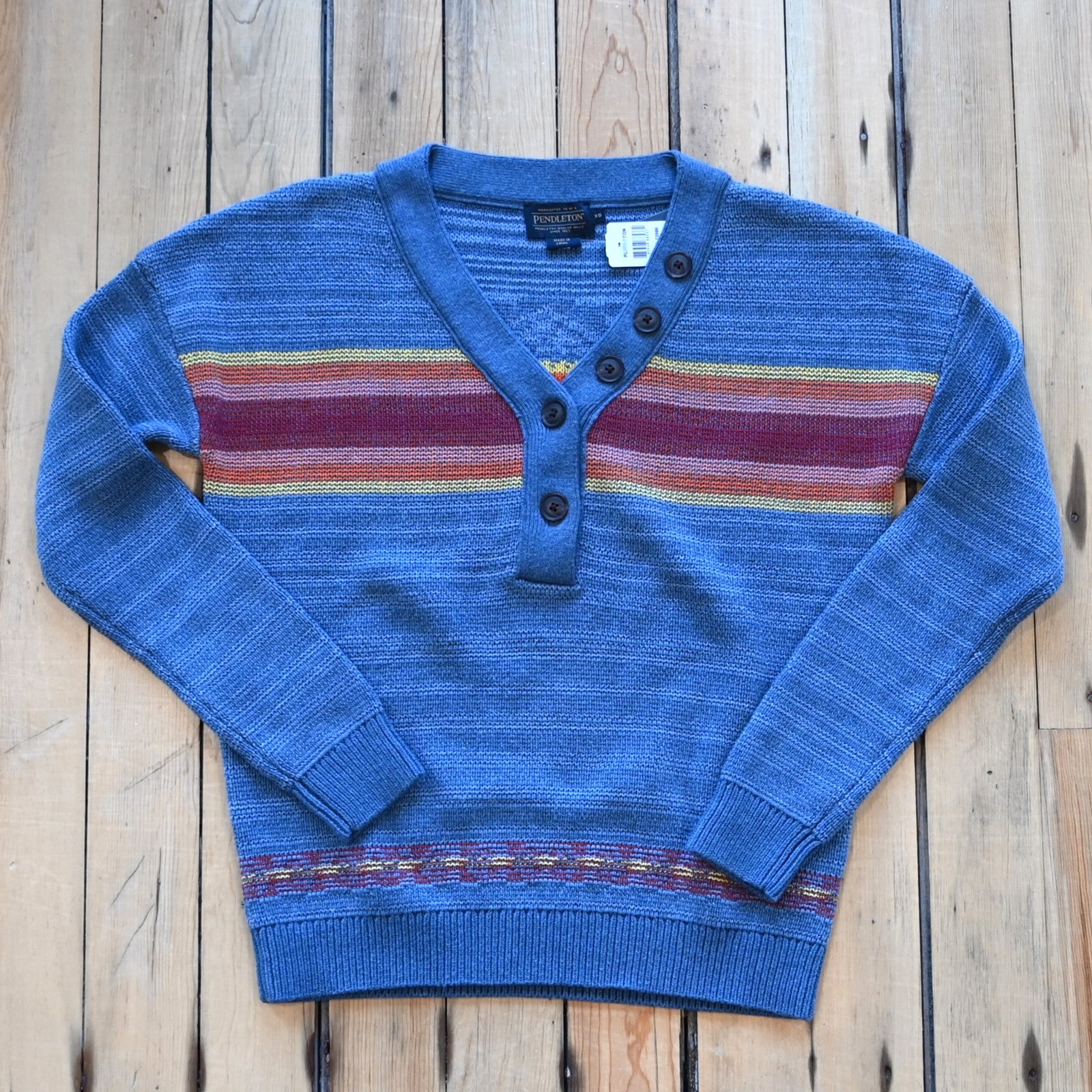 View of Pendleton ladies V-neck cotton sweater in blue multi stripe