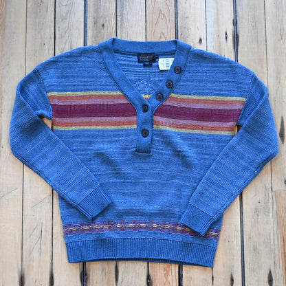 View of Pendleton ladies V-neck cotton sweater in blue multi stripe