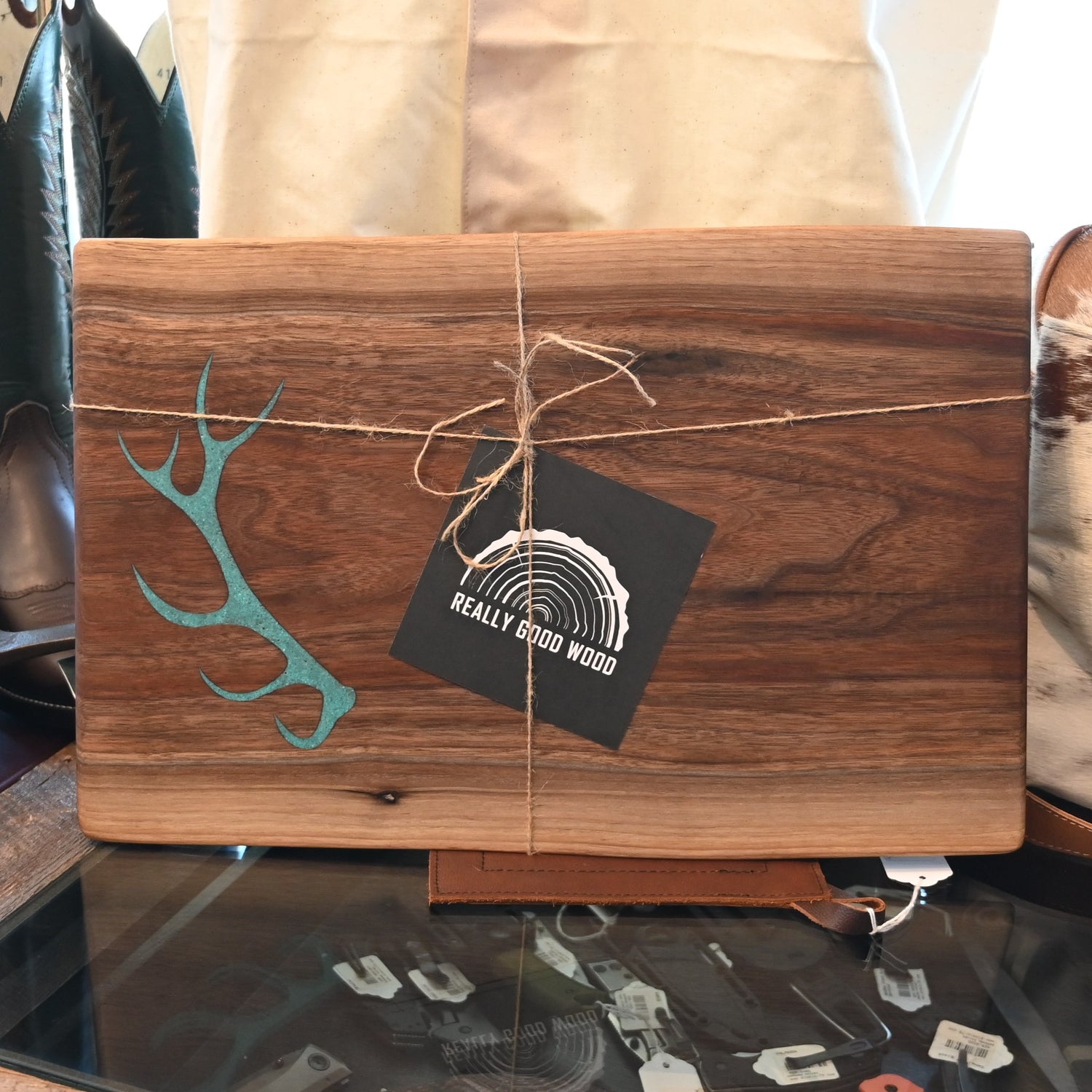 Elk Antler Genuine Turquoise Inlay Walnut Serving Board view of serving board