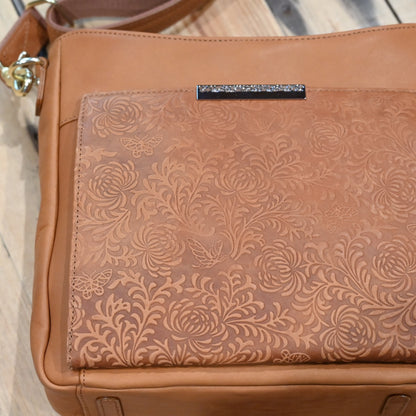 Gun Toten Mamas tan brushed cowhide cross-body conceal carry bag