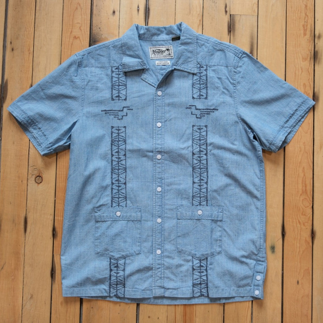 Howler Bros Guayabera Shirt - Pictographs in Washed Indigo Chambray