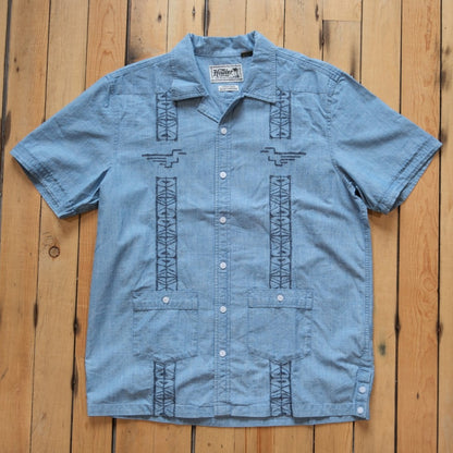Howler Bros Guayabera Shirt - Pictographs in Washed Indigo Chambray