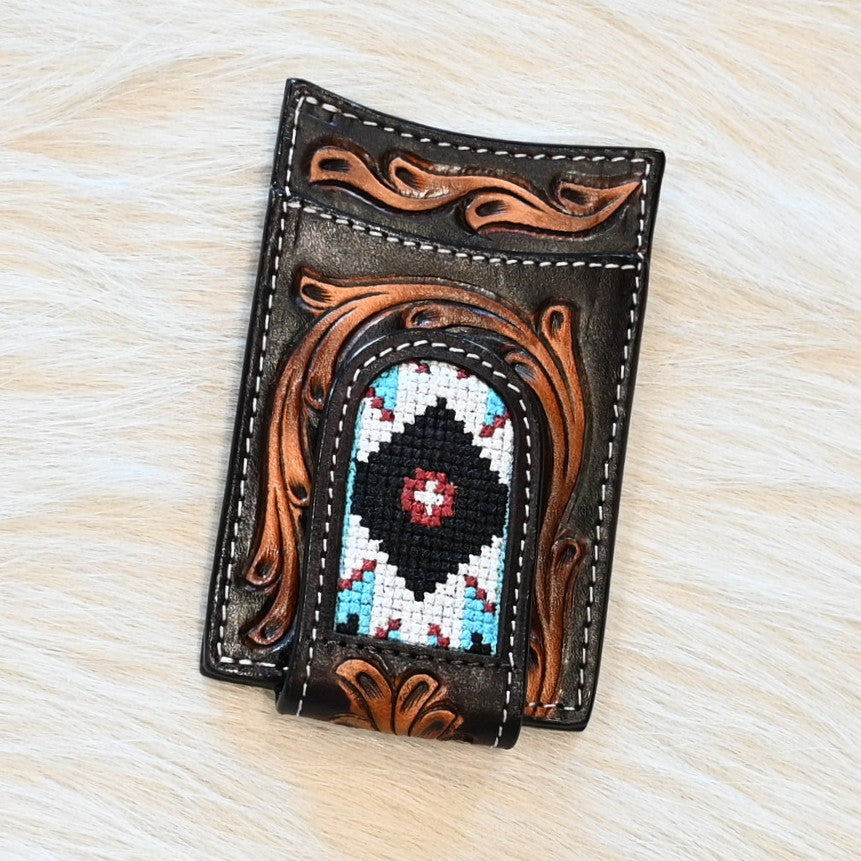 View of Front of Hand Tooled Floral Money Clip Wallet with Colorful Design.