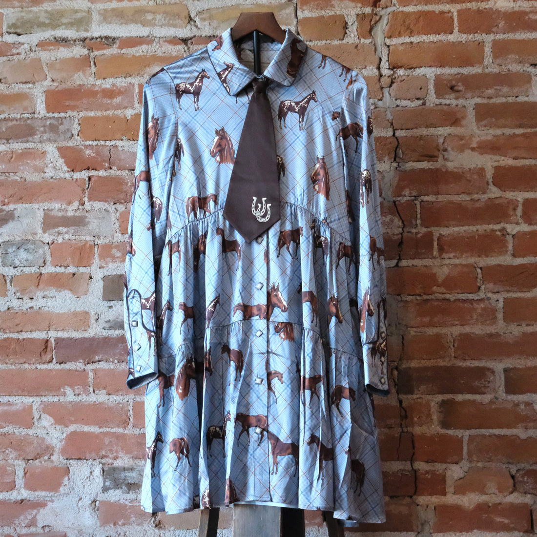 Double D Ranch Nu Rodeo silk dress with custom horse print and tiered skirt