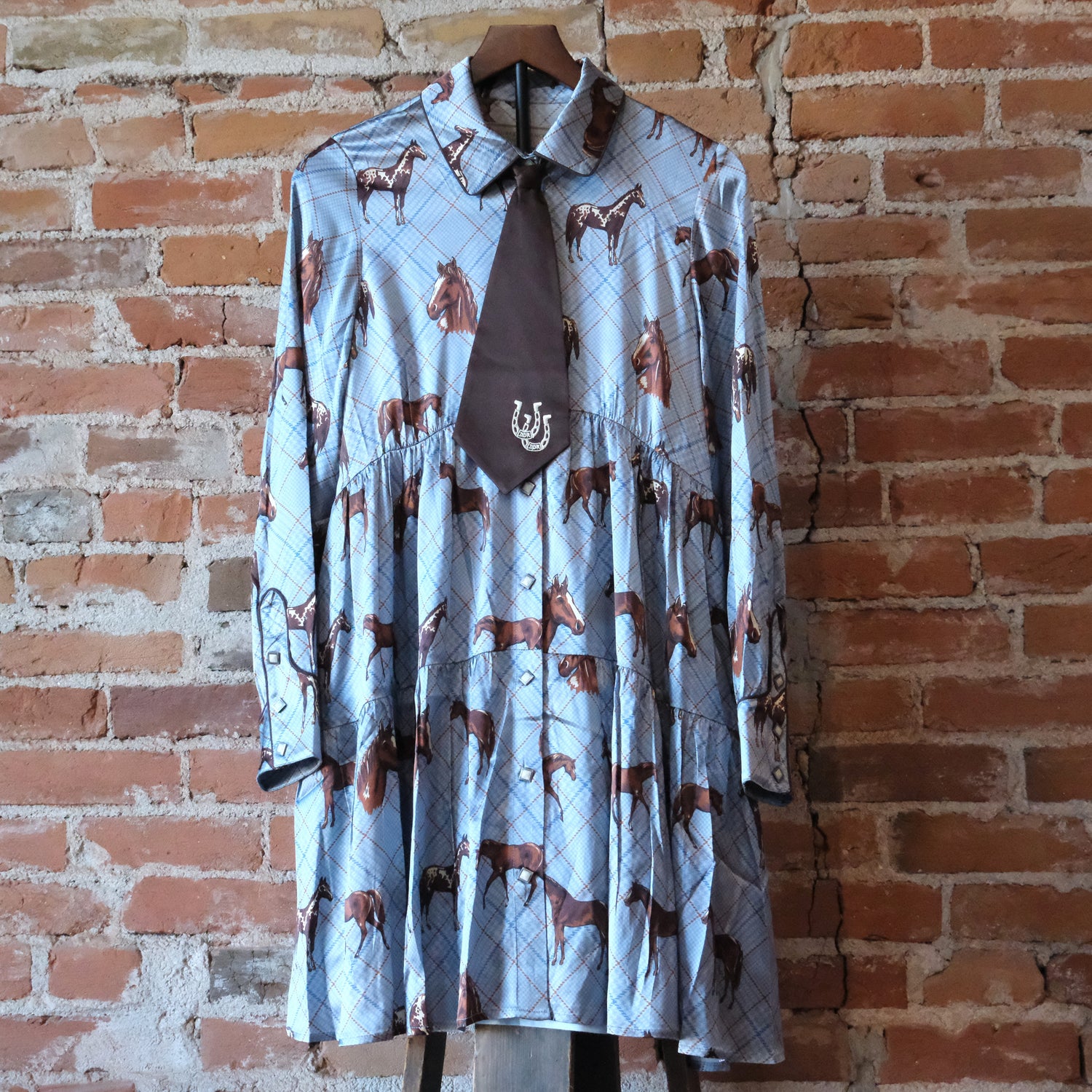 Double D Ranch Nu Rodeo silk dress with custom horse print and tiered skirt